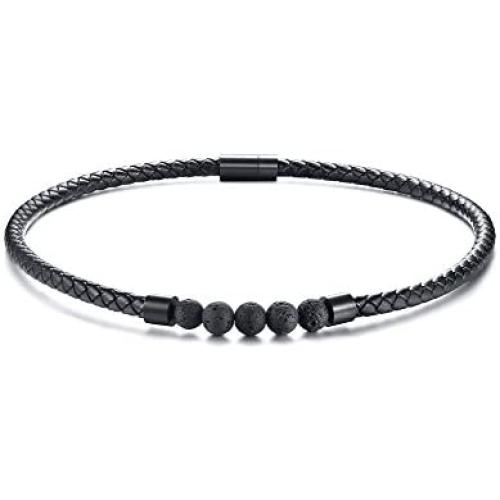 Mealguet Jewelry Black Braided Leather Chocker Necklace with Healing Lava Rock and Stainless Steel Magnet Closure for Men