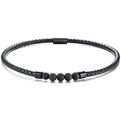 Mealguet Jewelry Black Braided Leather Chocker Necklace with Healing Lava Rock and Stainless Steel Magnet Closure for Men Mealguet Jewelry Black Braided Leather Chocker Necklace with Healing Lava Rock and Stainless Steel Magnet Closure for Men