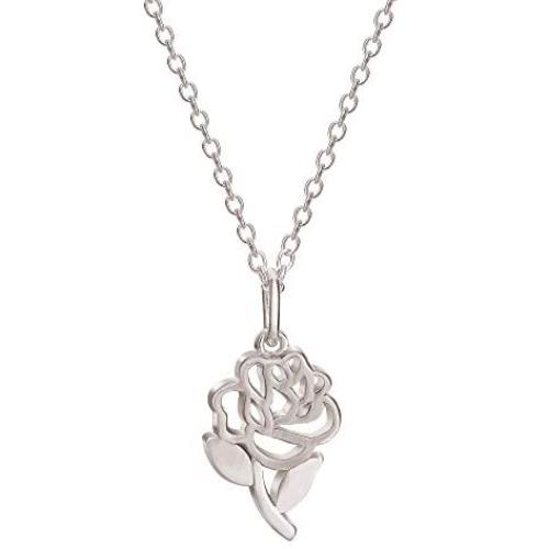Disney, Beauty and the Beast Sterling Silver Belle’s Rose Pendant Necklace, 18”