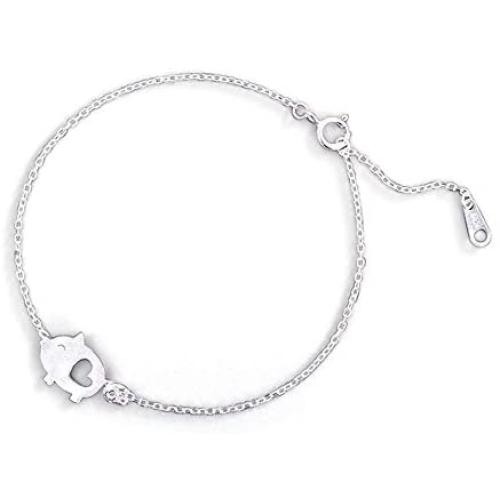 Cute Pig Bracelet for Women Girls Sterling Silver Delicate Matte Porket Hollow Love Heart Charm Link Bracelets Anklets for Pet Lover Animal Keepsake Jewelry Birthday Christmas Gifts for Daughter Niece 8 inch