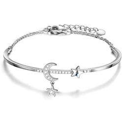 AOBOCO Sterling Silver Moon & Star Bangle Bracelet Embellished with Crystals from Austria, Fine Anniversary Birthday Jewelry Gifts for Women