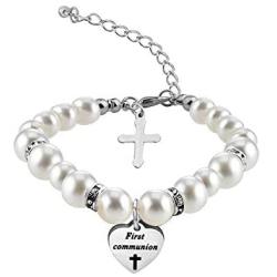 AKTAP Christening Gifts First Communion Bracelet Goddaughter Pearl Bracelet with Cross Charm