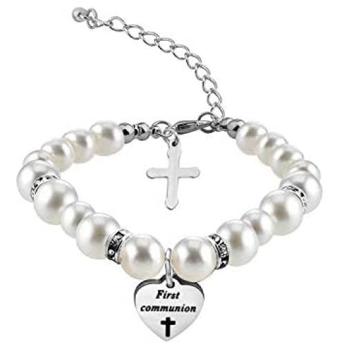AKTAP Christening Gifts First Communion Bracelet Goddaughter Pearl Bracelet with Cross Charm