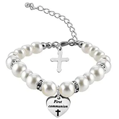 AKTAP Christening Gifts First Communion Bracelet Goddaughter Pearl Bracelet with Cross Charm AKTAP Christening Gifts First Communion Bracelet Goddaughter Pearl Bracelet with Cross Charm