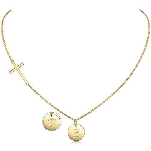 MUERDOU Initial Alphabet Pendant Necklace 14K Gold Plated A-Z Letter Disc Double Side Engraved Personalized Name Necklace Gift for Women