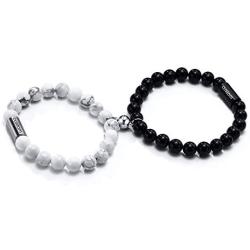 MEALGUET Magnetic Couple Bracelets Personalized White Howlite & Black Agate Matching Beaded Bracelets Distance Relationship Bracelet Custom Name Bead Magnetic Set