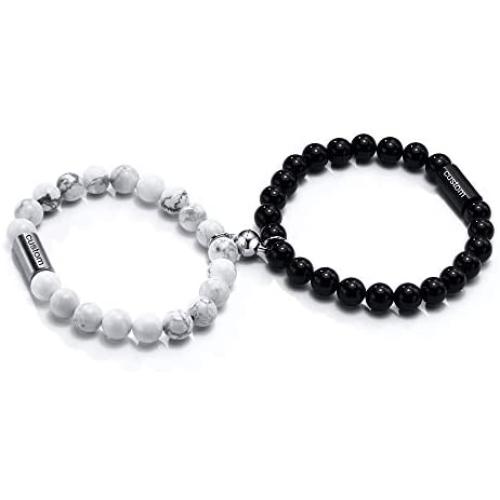 MEALGUET Magnetic Couple Bracelets Personalized White Howlite & Black Agate Matching Beaded Bracelets Distance Relationship Bracelet Custom Name Bead Magnetic Set