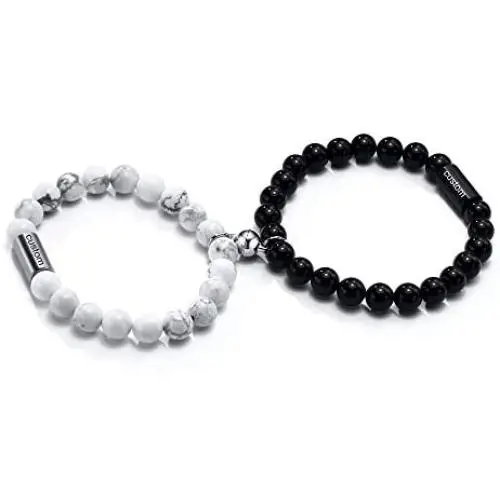MEALGUET Magnetic Couple Bracelets Personalized White Howlite & Black Agate Matching Beaded Bracelets Distance Relationship Bracelet Custom Name Bead Magnetic Set MEALGUET Magnetic Couple Bracelets Personalized White Howlite & Black Agate Matching Beaded Bracelets Distance Relationship Bracelet Custom Name Bead Magnetic Set