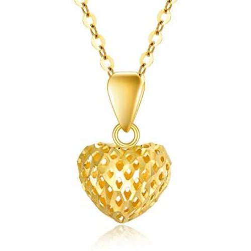 18K Real Gold Tiny Heart Necklace Women Jewelry, Sparkling Diamond Cut Hollow Heart Pendant Love Gifts for Girls, Teens, Gold Chain 16-18 Inch