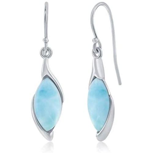 925 Sterling Silver Rhodium Plated High Polished Marquise Natural Caribbean Larimar Gemstone Dangling Earrings