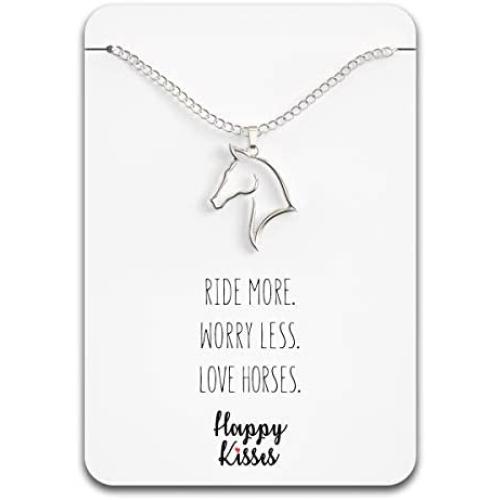 Happy Kisses Horse Necklace – Horse Gift for Horseback Riders – Cute Outline Pendant for Women & Girls - Sweet Message Card