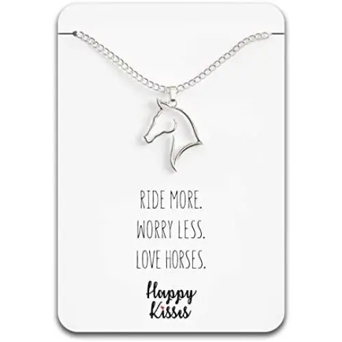 Happy Kisses Horse Necklace – Horse Gift for Horseback Riders – Cute Outline Pendant for Women & Girls - Sweet Message Card