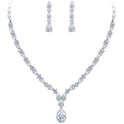 EVER FAITH Gorgeous White Cubic Zirconia Charming Water Drop Bridal Bride Necklace Earrings Set Silver-Tone