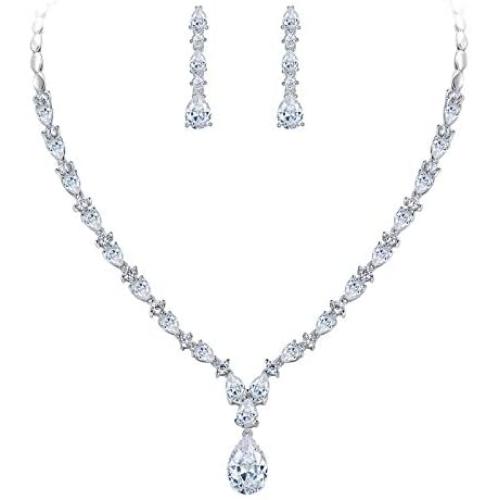 EVER FAITH Gorgeous White Cubic Zirconia Charming Water Drop Bridal Bride Necklace Earrings Set Silver-Tone