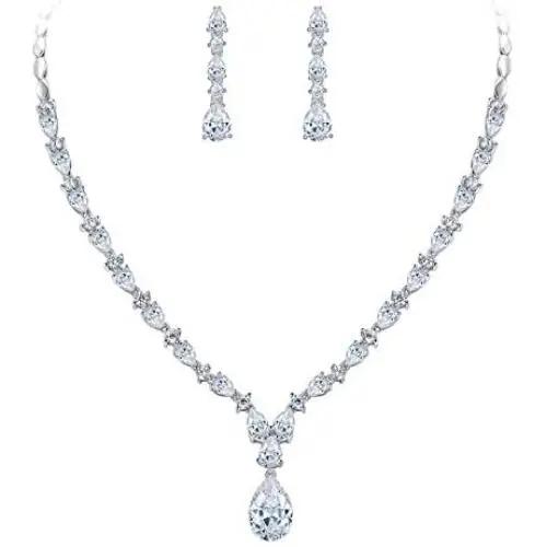 EVER FAITH Gorgeous White Cubic Zirconia Charming Water Drop Bridal Bride Necklace Earrings Set Silver-Tone EVER FAITH Gorgeous White Cubic Zirconia Charming Water Drop Bridal Bride Necklace Earrings Set Silver-Tone