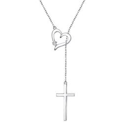 925 Sterling Silver Cubic Zirconia Faith Hope Love Cross Pendant Necklace for Women Teen Girls Y Lariat Necklace with Adjustable Chain First Communion Easter Gifts