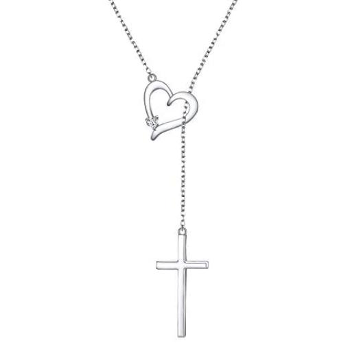925 Sterling Silver Cubic Zirconia Faith Hope Love Cross Pendant Necklace for Women Teen Girls Y Lariat Necklace with Adjustable Chain First Communion Easter Gifts