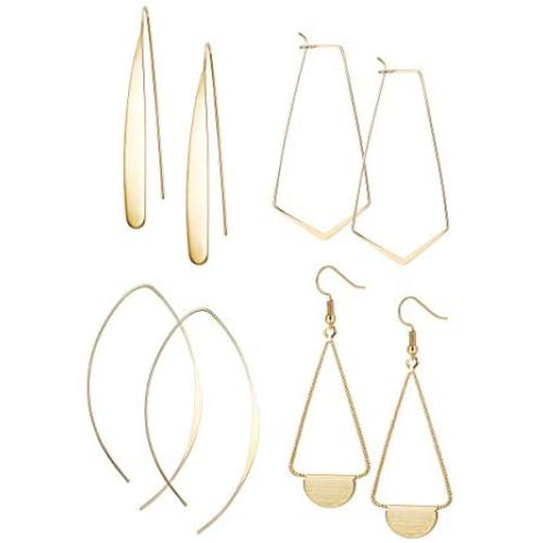 FIBO STEEL Curved Threader Dangle Earrings for Women Drop Hoop Bar Statement Earrings Set