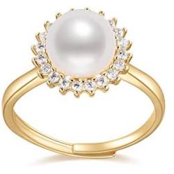 DENGGUANG Adjustable Pearl Rings Classic Pearl Open Rings Freshwater Cultured Pearl Ring with Cubic Zirconia Jewelry Gift for Women - White Pearl/Purple Pearl/Pink Pearl