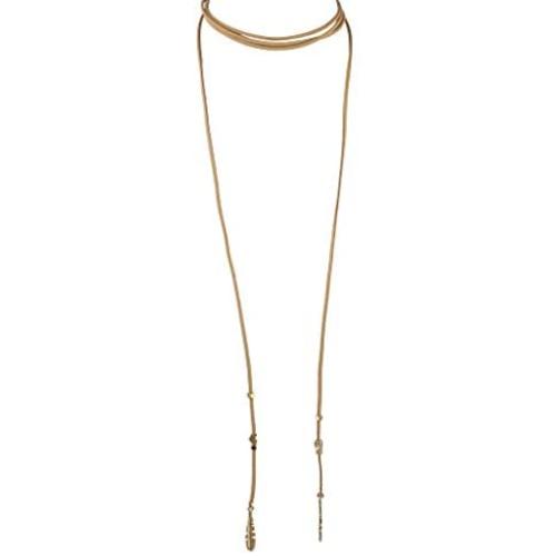 LUX ACCESSORIES Boho Tan and Gold Tone Feather Suede Choker Lariat Necklace