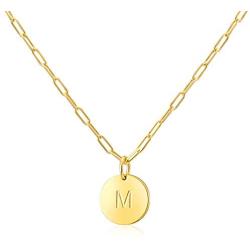 Initial Necklaces Gifts for Women Girls : 14k Gold Plated Round Disc Letter Pendant Paperclip Chain Personalized Name Teens Kids Birthday Jewelry