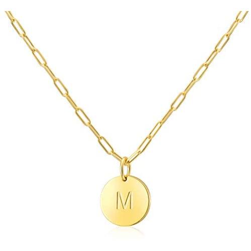 Initial Necklaces Gifts for Women Girls : 14k Gold Plated Round Disc Letter Pendant Paperclip Chain Personalized Name Teens Kids Birthday Jewelry