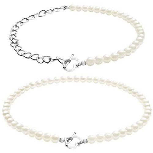 PANTIDE 2 Packs Y2K Pearl Heart Clasp Necklace Choker Silver Dainty Chain Link Necklace with Pearls 90s Antique Love OT Toggle Clasp Necklace Vintage Fashion Jewelry Accessories Gifts for Women Egirl