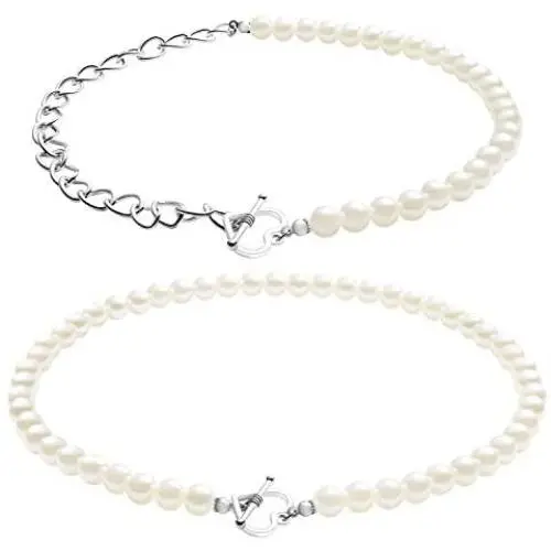 PANTIDE 2 Packs Y2K Pearl Heart Clasp Necklace Choker Silver Dainty Chain Link Necklace with Pearls 90s Antique Love OT Toggle Clasp Necklace Vintage Fashion Jewelry Accessories Gifts for Women Egirl