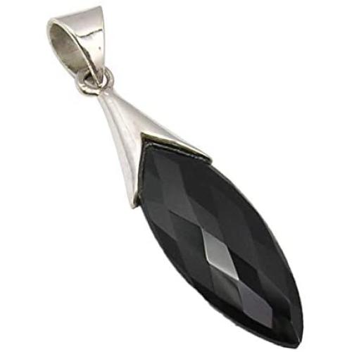 SilverStarJewel Sterling Silver Marquise Faceted Black Onyx Pendant 1.8'' Jewelery Gift