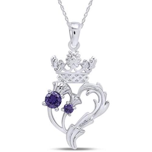 AFFY Luckenbooth (Scottish Symbol of Love) Thistle Heart Crown Simulated Amethyst Pendant Sterling Silver