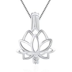 LGSY Sterling Silver Lotus Pearl Cage Pendants for Women, Essential Oil Diffuser Lockets for Pearl Jewelry