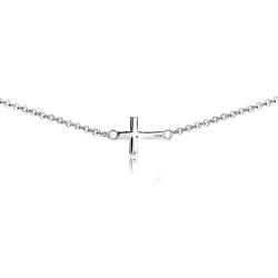 Sterling Silver High Polished Sideways Cross Dainty Religious Short 13'' Choker Necklace