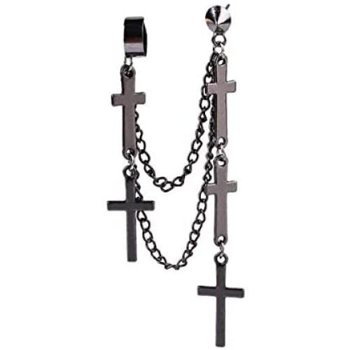Punk Cuff Tassel Chain Earrings, Stainless Steel Cross Ear Cuff Crawler Climer Earring for Women Girls Men,Multi Layered Chain Drop Fashion Jewelry