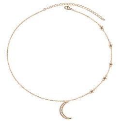 Savlano 14K Gold Plated Cubic Zirconia Round Cut Moon & Stars 18 Inches Pendant Chain Necklace for Women & Girls