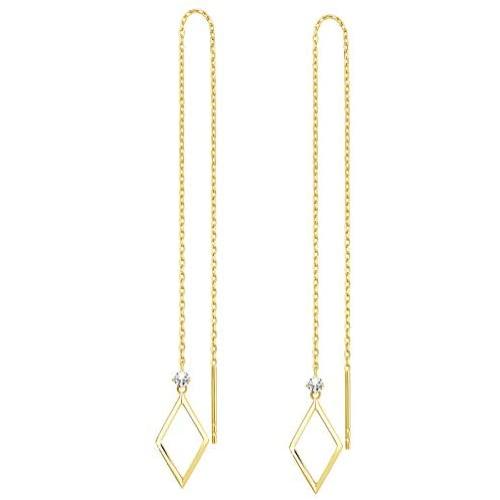 Mothers Day Gifts FANCIME 14K Real Solid Yellow Gold Threader Earrings Geometric with Natural Round Cut Diamonds Dainty Long Drop Earrings Fine Jewelry for Women