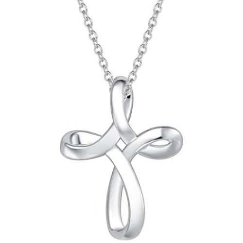 FANCIME White Gold Plated 925 Sterling Silver Open Loop Celtic Knot Cross Crucifix Infinity Pendant Necklace For Women Girls, 16'' + 2'' Extender