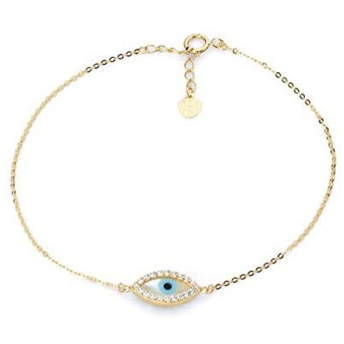The World Jewelry Center 14k Yellow Gold Evil Eye Chain Bracelet with Spring Ring Clasp - 7+1''