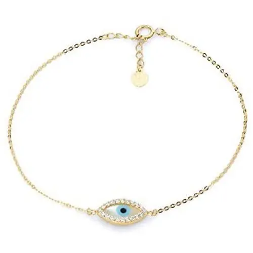 The World Jewelry Center 14k Yellow Gold Evil Eye Chain Bracelet with Spring Ring Clasp - 7+1'' The World Jewelry Center 14k Yellow Gold Evil Eye Chain Bracelet with Spring Ring Clasp - 7+1''
