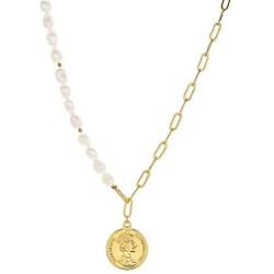 W WOOGGE Gold Pendant Necklace Stitching Link Chain and Natural Pearl Necklace Chunky Punk Link Choker Jewelry 16 Inch