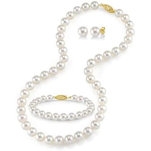 Freshwater Cultured Pearl Necklace Set for Women Includes Bracelet and Stud Earrings with 14K Gold - THE PEARL SOURCE