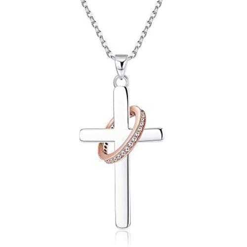 FUNRUN JEWELRY 925 Sterling Silver Infinity Cross Ring Pendant Necklace for Women Teen Girls AAA Cubic Zirconia Rose Gold Plated Infinity Cross Necklace