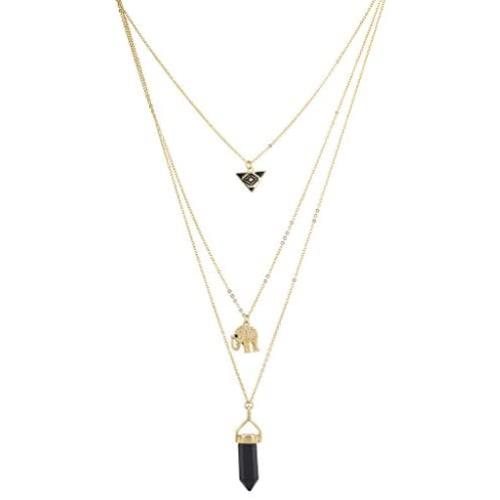 LUX ACCESSORIES Goldtone Black Multi Row Layered Novelty Elephant Boho Necklace