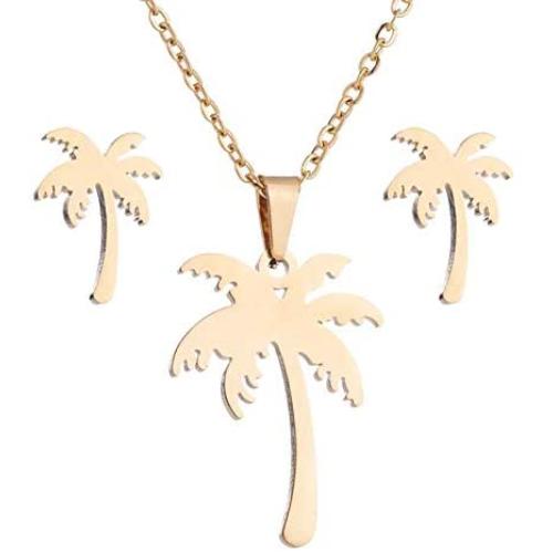 MIXIA Stainless Steel Hawaii Tropical Plant Pendant Necklace for Women Coconut Palm Tree Stud Earrings Beach Set Jewelry