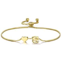 SOFTONES 14K Gold Plated Cubic Zirconia Initial Bracelet,Letter Heart Bracelets for Women Adjustable Bracelets Jewelry Gift for Girls