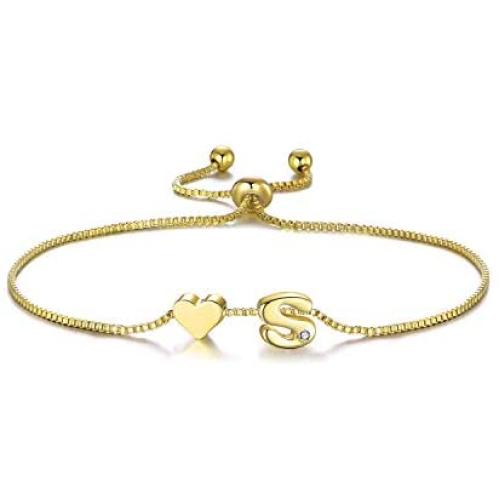 SOFTONES 14K Gold Plated Cubic Zirconia Initial Bracelet,Letter Heart Bracelets for Women Adjustable Bracelets Jewelry Gift for Girls