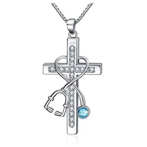 WOTEER Stethoscope Necklace for Nures Doctor Nurse Cross Necklace with Blue/White/Red Crystal Gifts for Women Graduation Medical Student