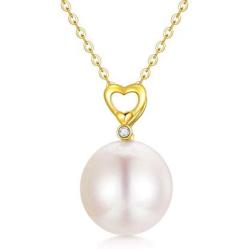 14K Solid Gold Pearl Necklace, Dainty AAA Quality Pearl Heart Pendant Valentines Day Love Jewelry Present for Women, Wife, Mother, 16''-18''