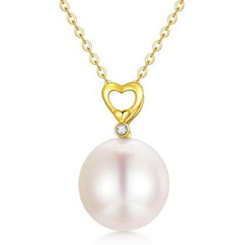 14K Solid Gold Pearl Necklace, Dainty AAA Quality Pearl Heart Pendant Valentines Day Love Jewelry Present for Women, Wife, Mother, 16''-18''