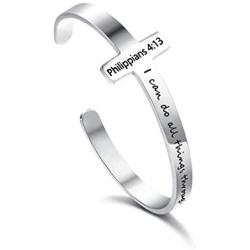 Jewenova Inspirational Cross Bracelet for Women Stainless Steel Religious Cuff Bangle Bible Verse Bracelet Christian Jewelry Gifts for Women Mantra Quotes Engraved Bracelet