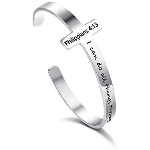 Jewenova Inspirational Cross Bracelet for Women Stainless Steel Religious Cuff Bangle Bible Verse Bracelet Christian Jewelry Gifts for Women Mantra Quotes Engraved Bracelet